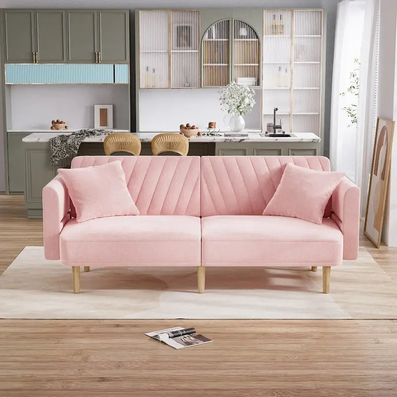 Upholstered Tufted Convertible Futon Sofa Bed with Foldable Armrest