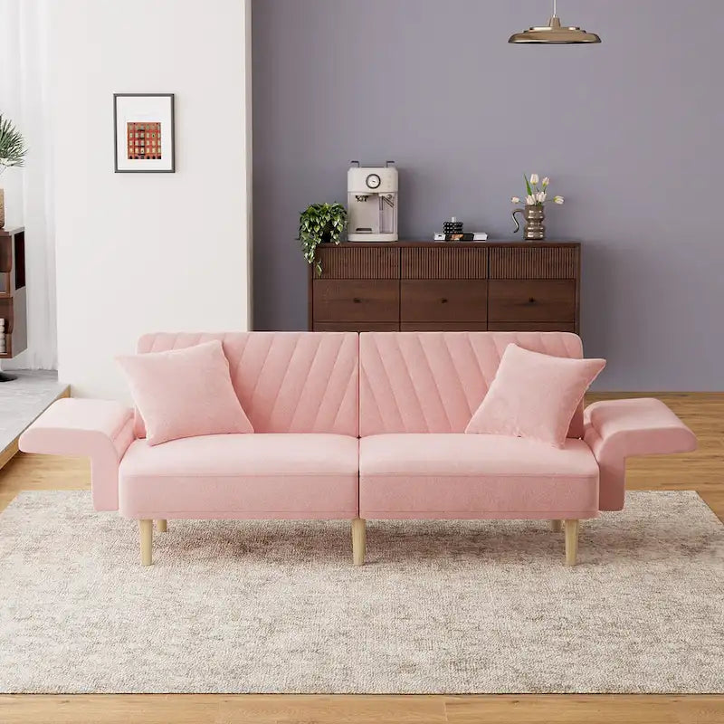 Upholstered Tufted Convertible Futon Sofa Bed with Foldable Armrest