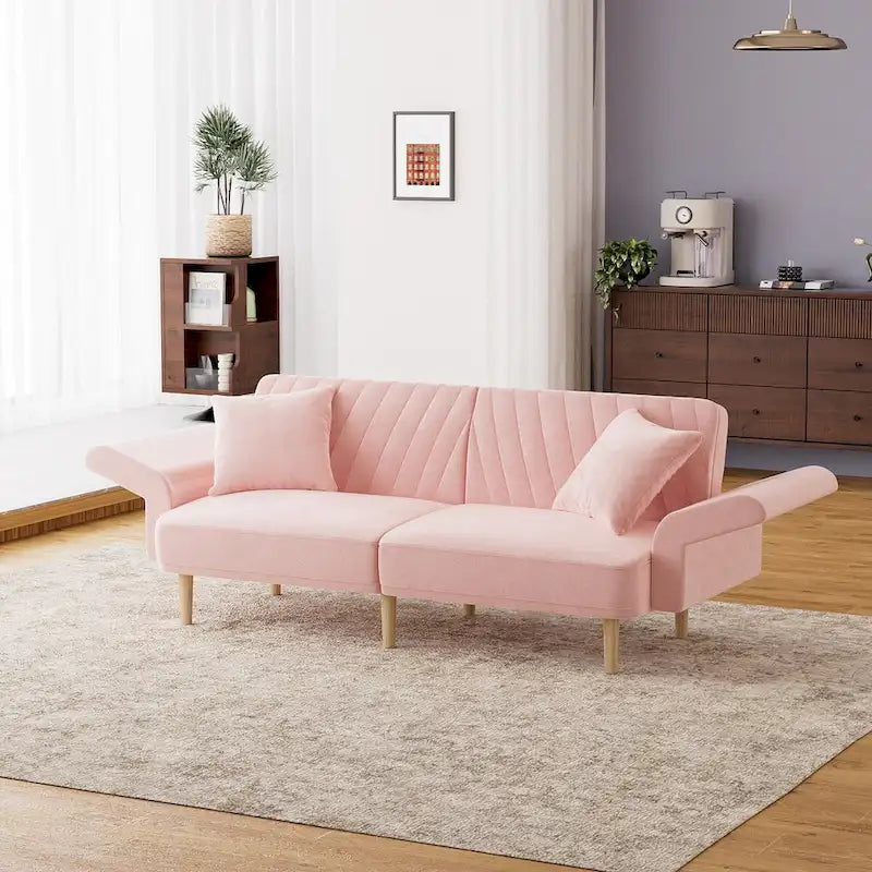 Upholstered Tufted Convertible Futon Sofa Bed with Foldable Armrest