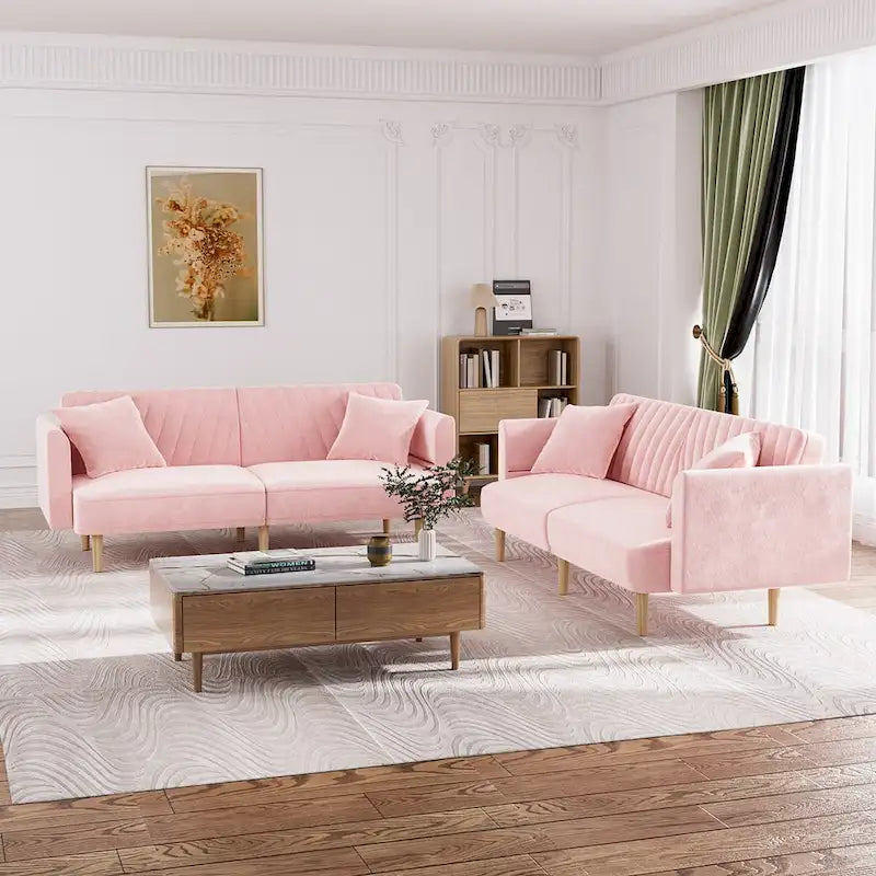 Upholstered Tufted Convertible Futon Sofa Bed with Foldable Armrest