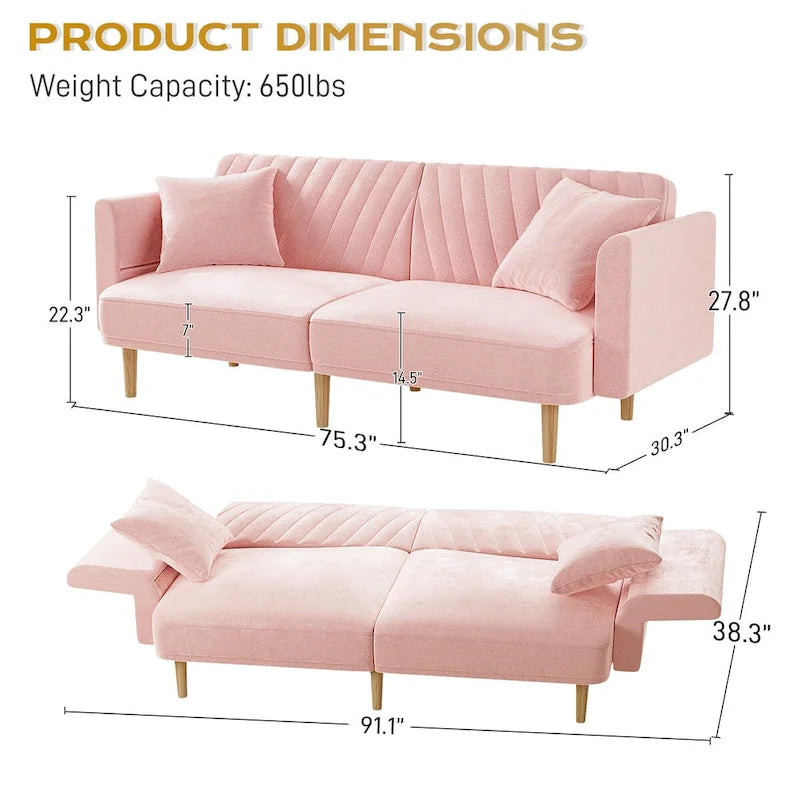 Upholstered Tufted Convertible Futon Sofa Bed with Foldable Armrest
