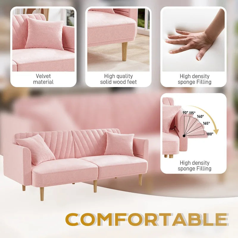 Upholstered Tufted Convertible Futon Sofa Bed with Foldable Armrest