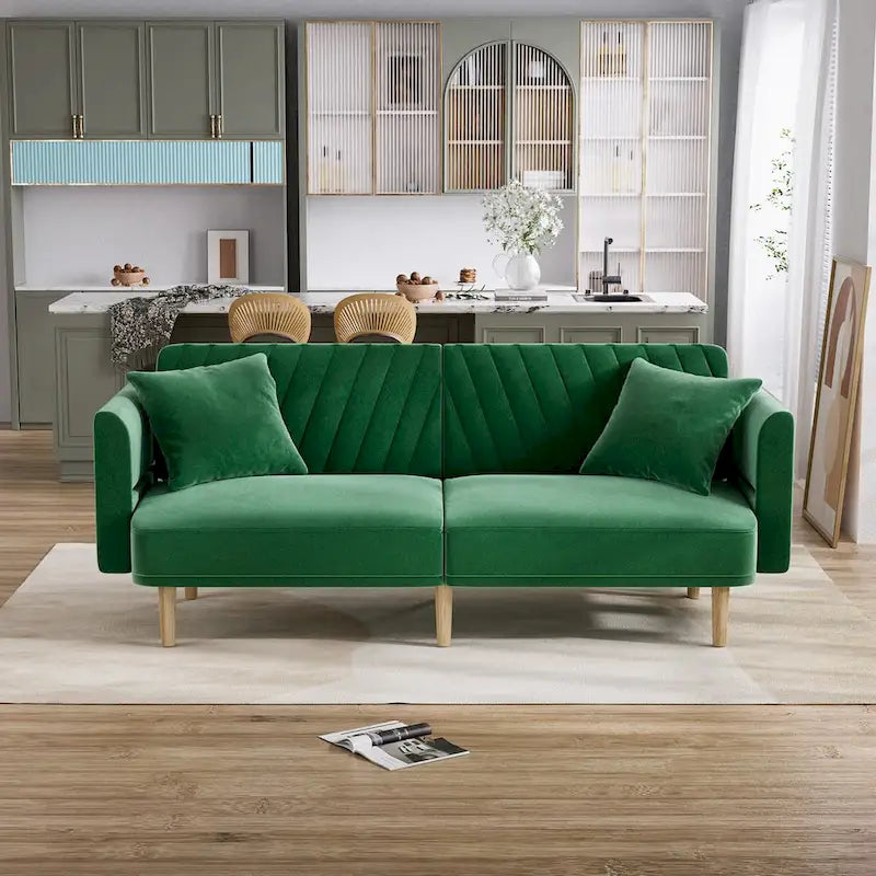 Upholstered Tufted Convertible Futon Sofa Bed with Foldable Armrest