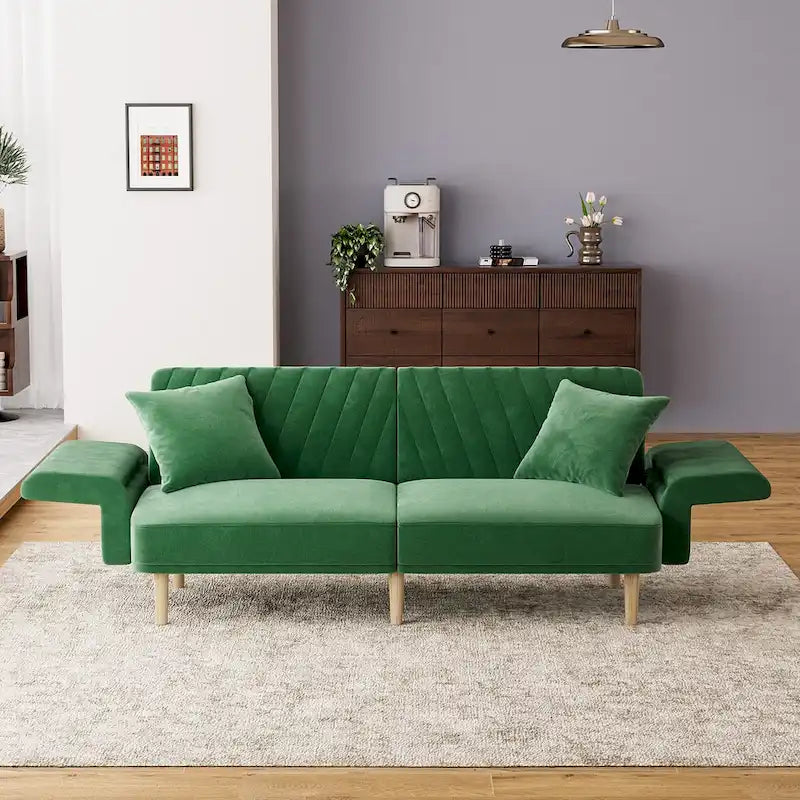 Upholstered Tufted Convertible Futon Sofa Bed with Foldable Armrest