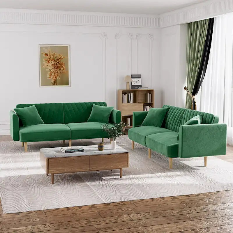 Upholstered Tufted Convertible Futon Sofa Bed with Foldable Armrest