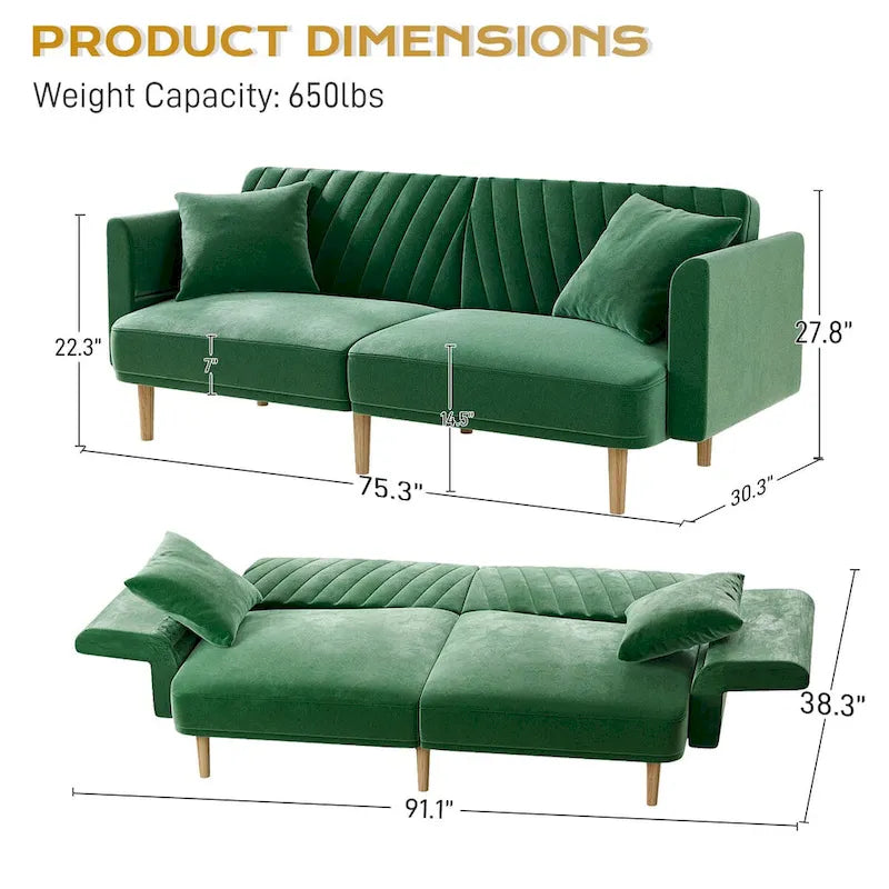 Upholstered Tufted Convertible Futon Sofa Bed with Foldable Armrest