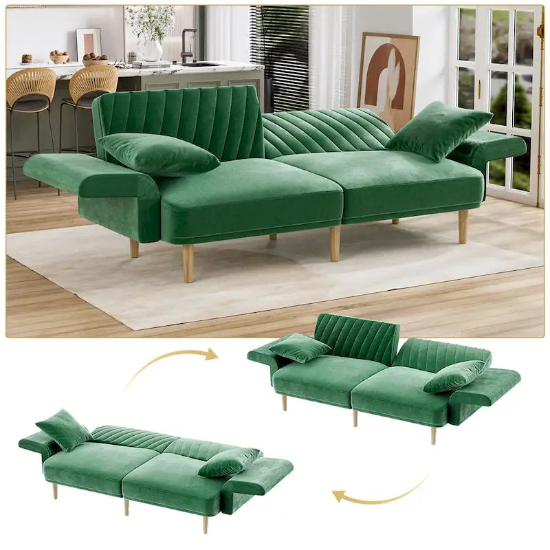 Upholstered Tufted Convertible Futon Sofa Bed with Foldable Armrest