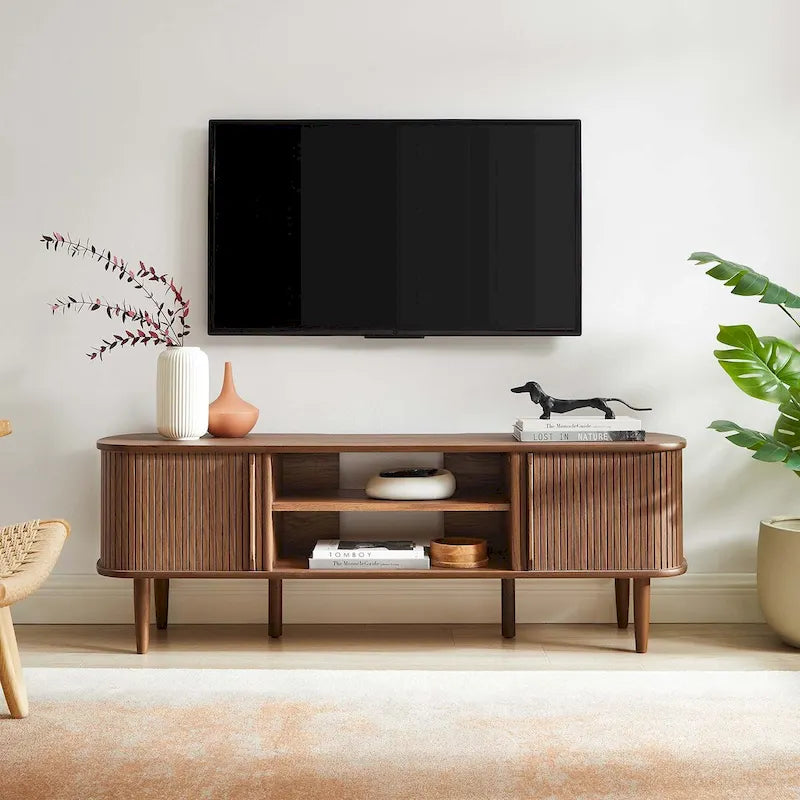55 Inch Mid-Century TV Stand with Sliding Doors