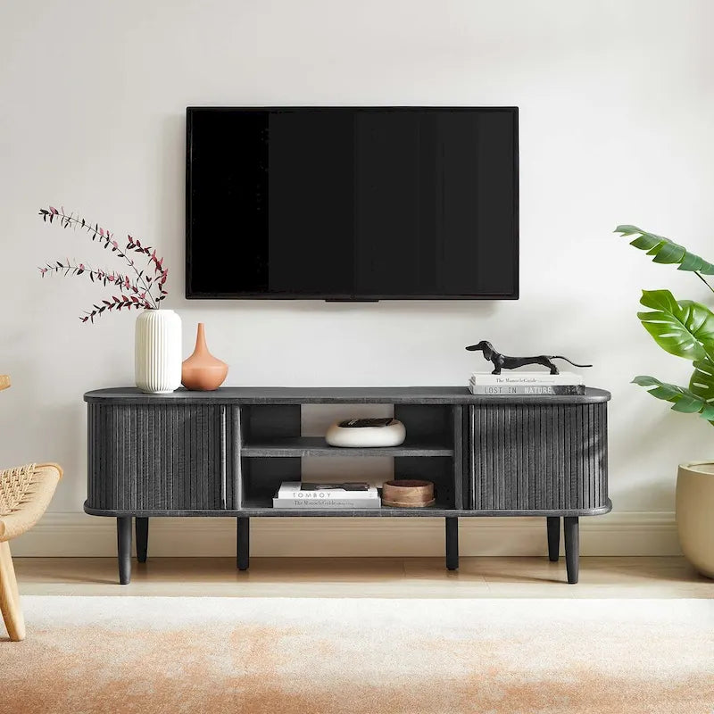 55 Inch Mid-Century TV Stand with Sliding Doors