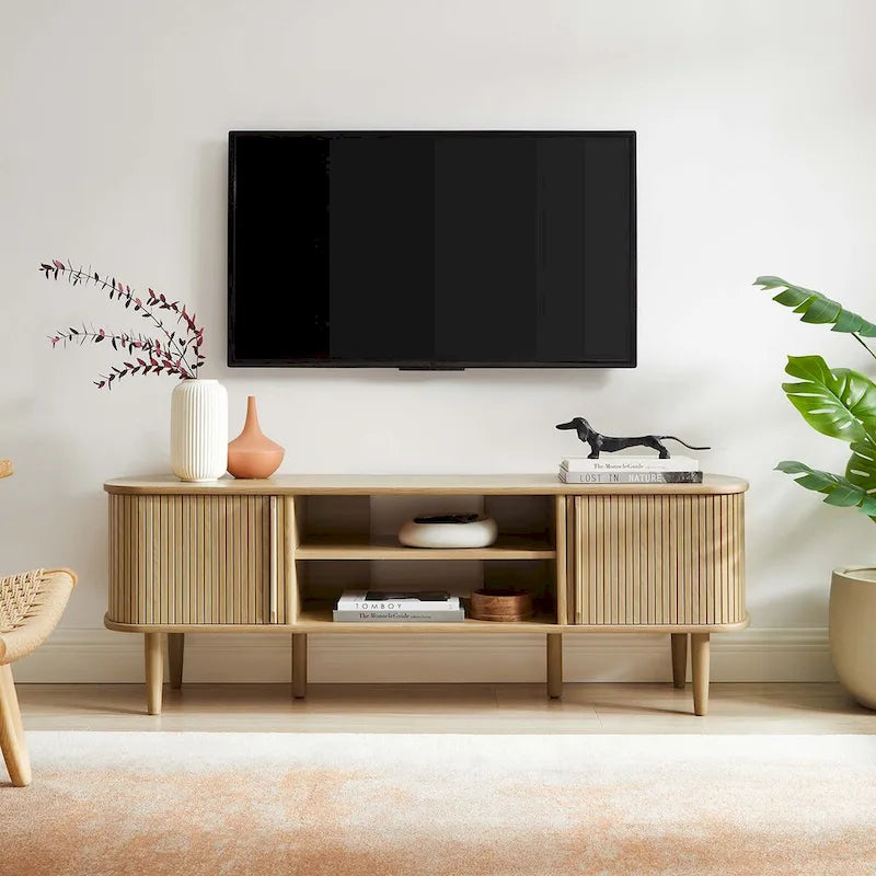 55 Inch Mid-Century TV Stand with Sliding Doors