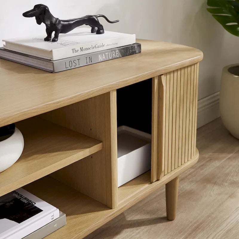 55 Inch Mid-Century TV Stand with Sliding Doors
