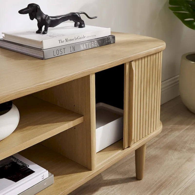 55 Inch Mid-Century TV Stand with Sliding Doors