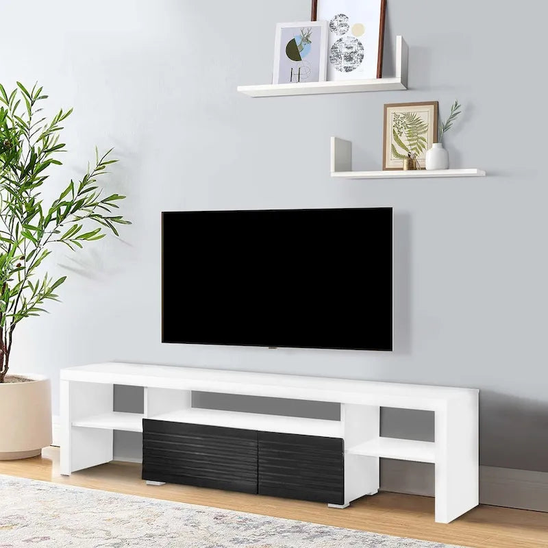 75 Inch TV Entertainment Center Console, 2 Drawers, High Gloss White