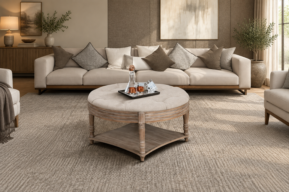 Round Tufted Ottoman — 16:9 4K Wide Shot